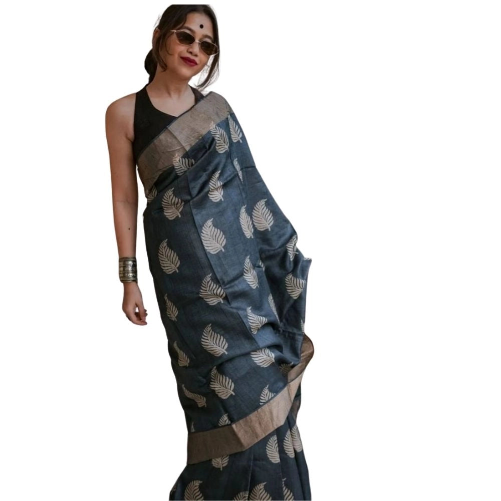Generic Women's Silk Printed Saree With Unstitched Blouse 5.5Mtr (Black) Main image
