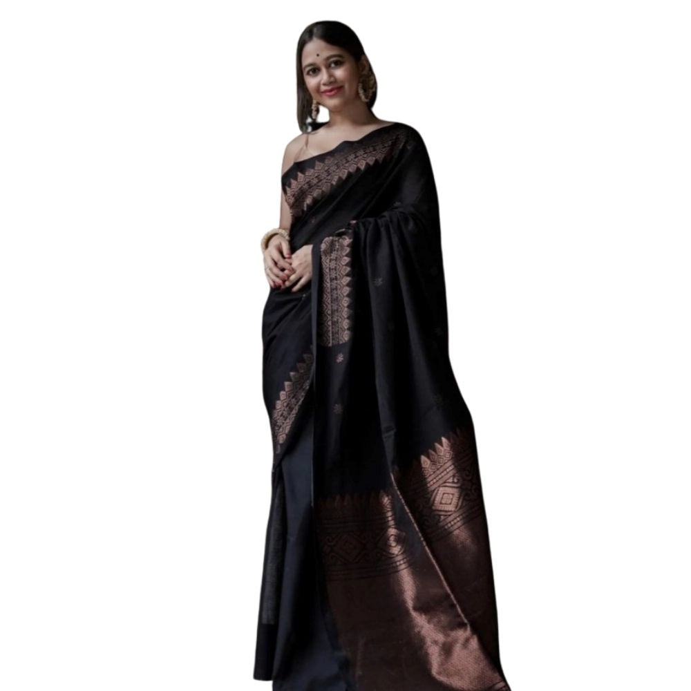 Generic Women's Silk Printed Saree With Unstitched Blouse 5.5Mtr (Black) Main image