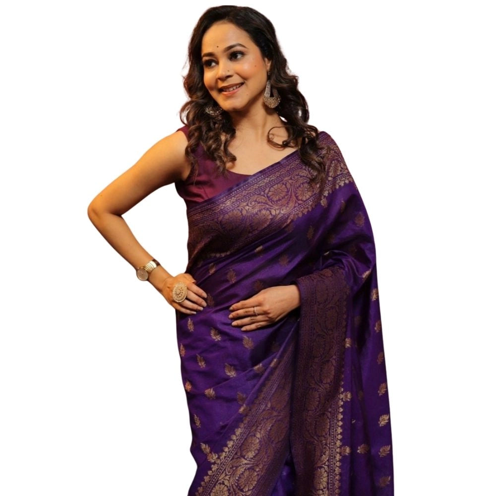 Generic Women's Silk Printed Saree With Unstitched Blouse 5.5Mtr (Purple) Main image