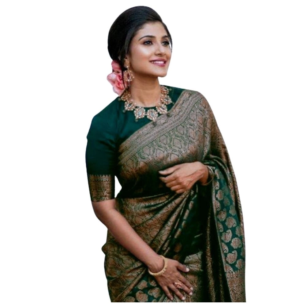Generic Women's Silk Printed Saree With Unstitched Blouse 5.5Mtr (Green) Main image