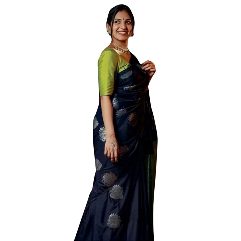 Generic Women's Silk Printed Saree With Unstitched Blouse 5.5Mtr (Navy Blue) Main image