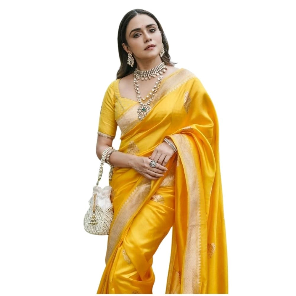 Generic Women's Silk Printed Saree With Unstitched Blouse 5.5Mtr (Yellow) Main image
