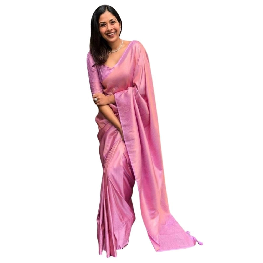 Generic Women's Silk Printed Saree With Unstitched Blouse 5.5Mtr (Pink) Main image
