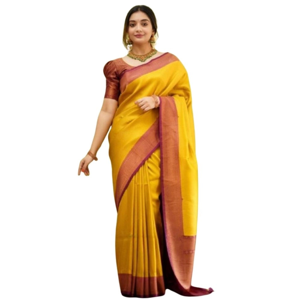 Generic Women's Silk Printed Saree With Unstitched Blouse 5.5Mtr (Yellow) Main image