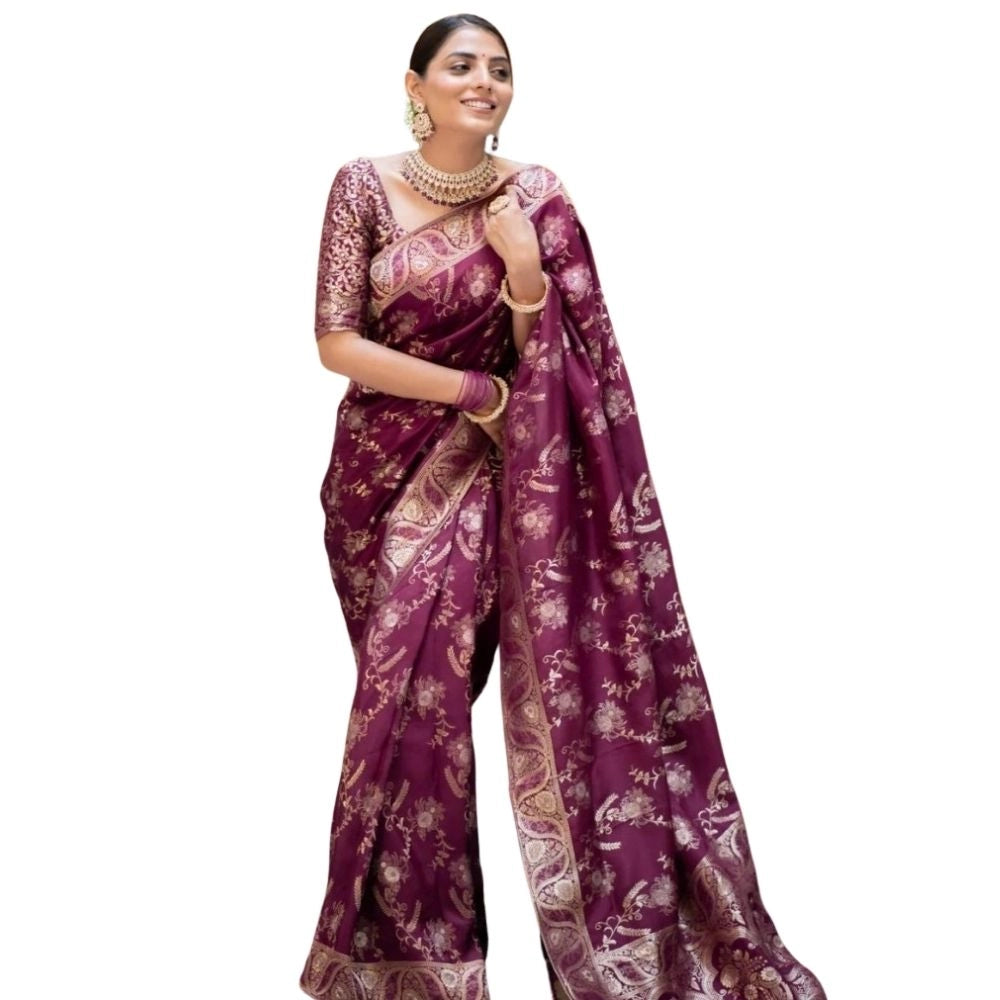 Generic Women's Silk Printed Saree With Unstitched Blouse 5.5Mtr (Wine) Main image