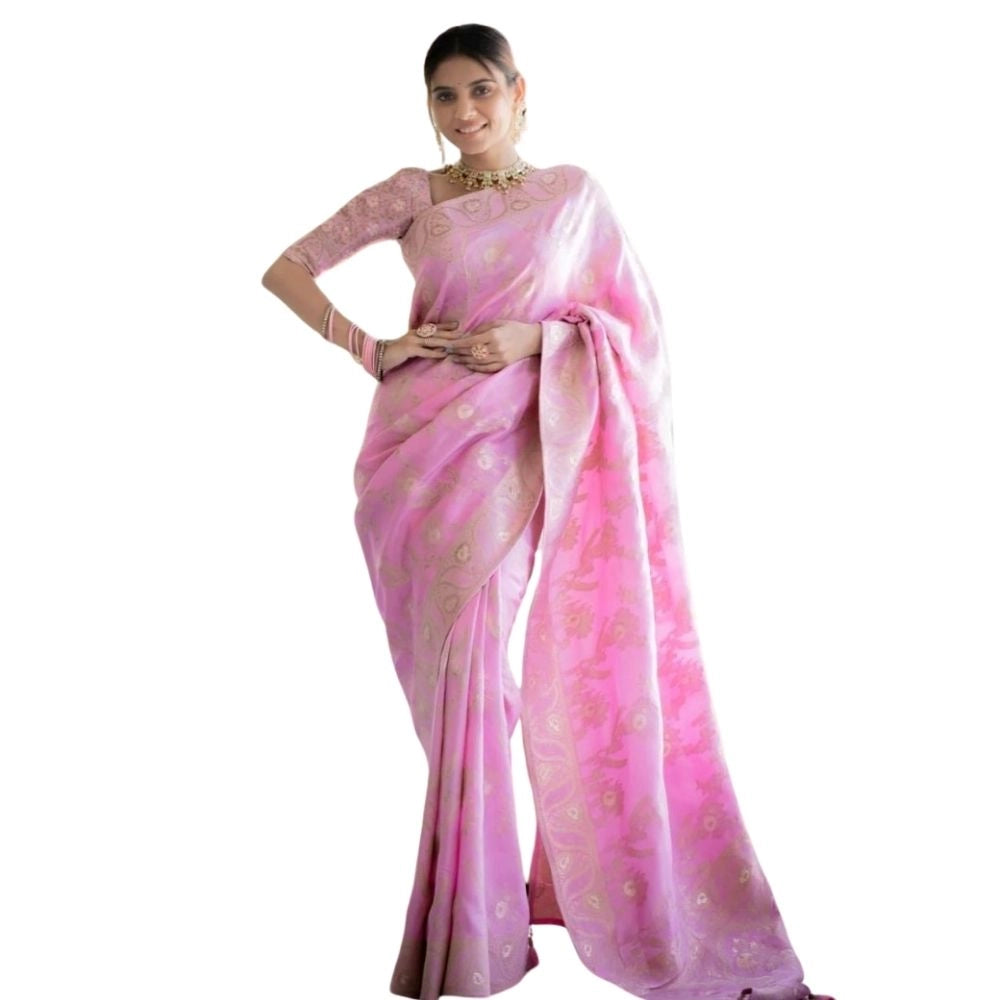 Generic Women's Silk Printed Saree With Unstitched Blouse 5.5Mtr (Pink) Main image