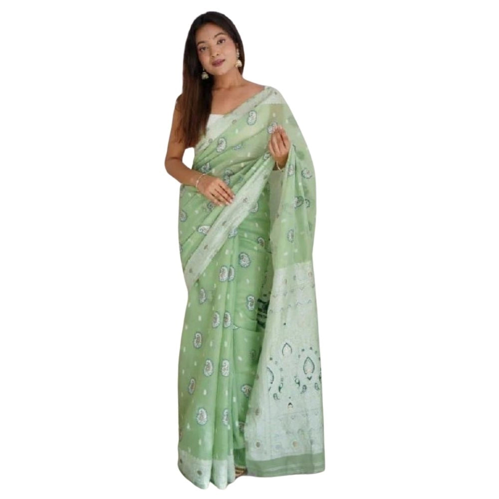 Generic Women's Cotton  Printed Saree With Unstitched Blouse 5.5Mtr (Pista) Main image