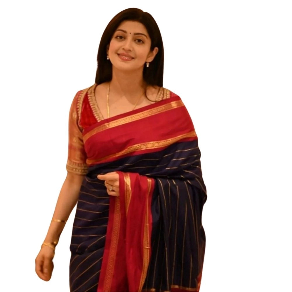 Generic Women's Silk Printed Saree With Unstitched Blouse 5.5Mtr (Navy Blue) Main image