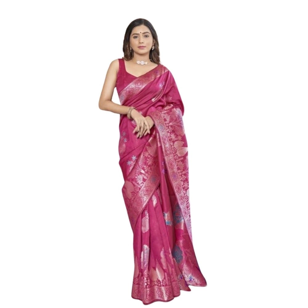 Generic Women's Silk Printed Saree With Unstitched Blouse 5.5Mtr (Rani Pink) Main image