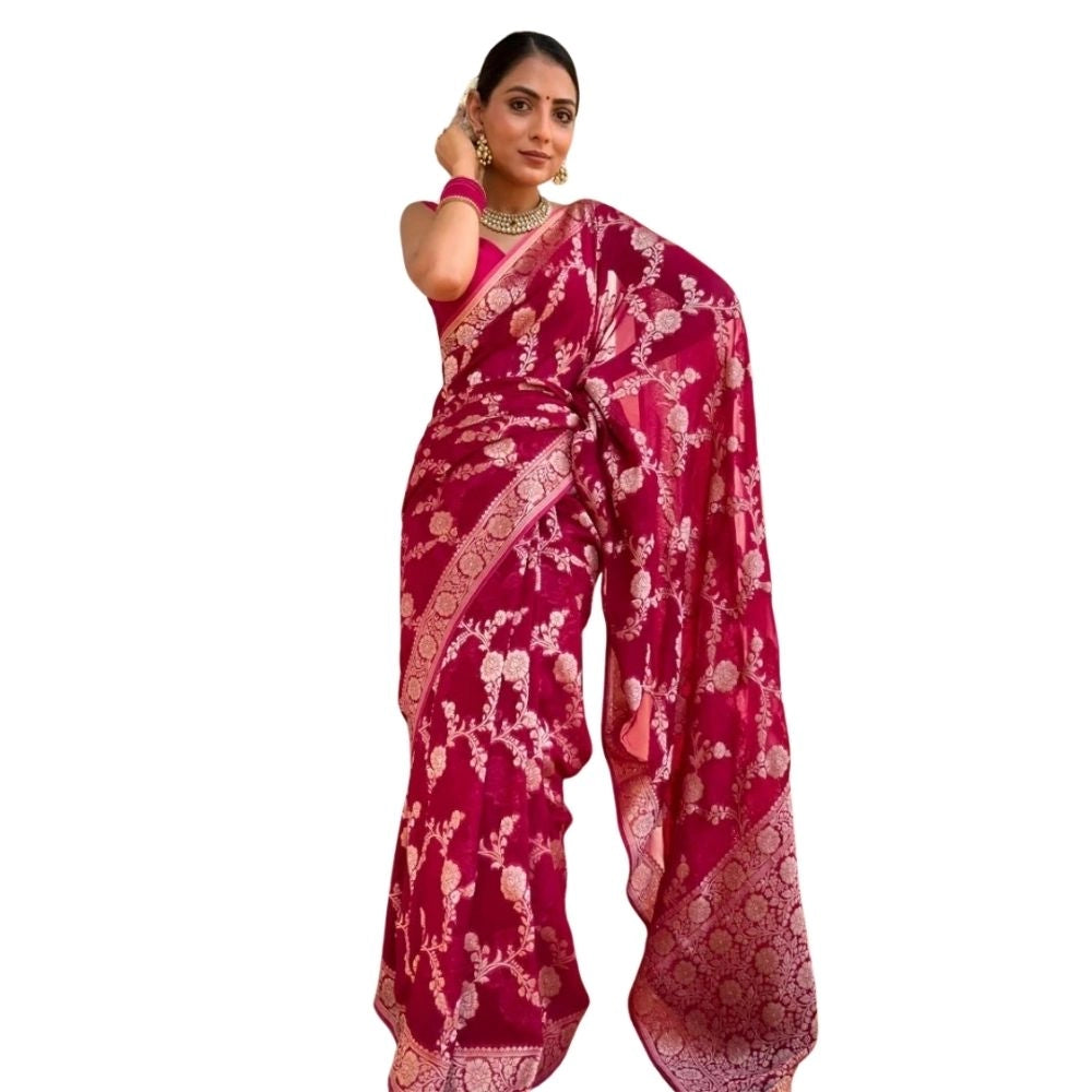 Generic Women's Silk Printed Saree With Unstitched Blouse 5.5Mtr (Pink) Main image