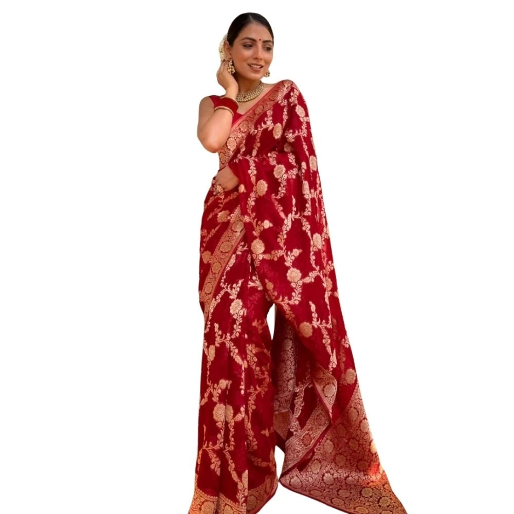 Generic Women's Silk Printed Saree With Unstitched Blouse 5.5Mtr (Red) Main image