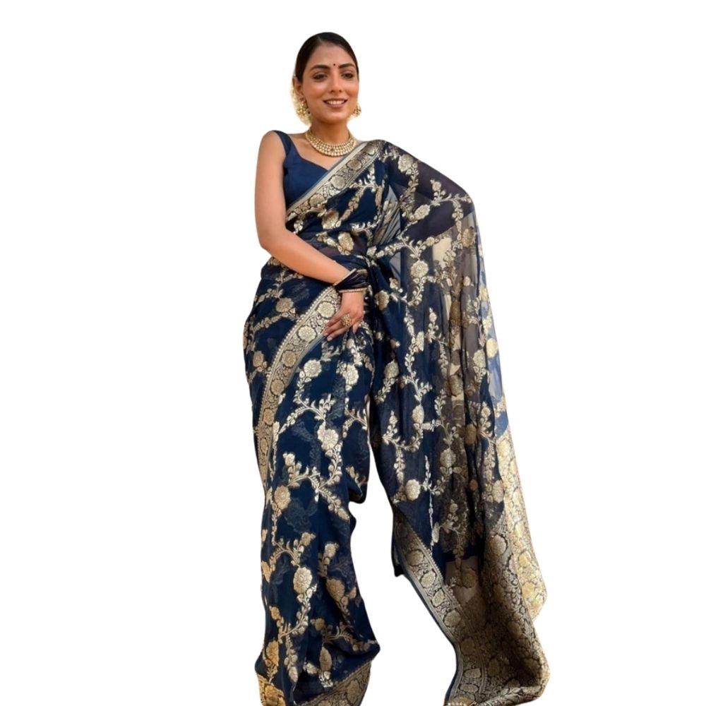 Generic Women's Silk Printed Saree With Unstitched Blouse 5.5Mtr (Dark Blue) Main image