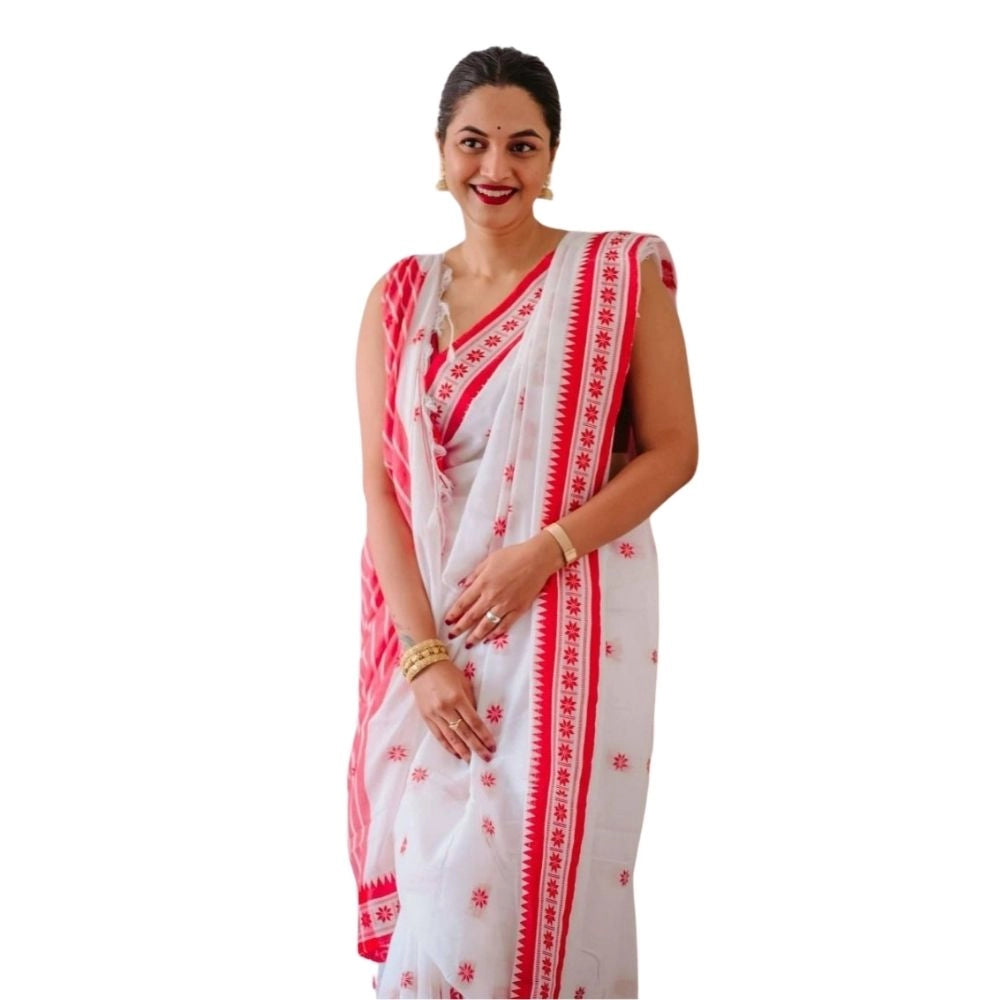 Generic Women's Cotton  Printed Saree With Unstitched Blouse 5.5Mtr (White-Pink) Main image