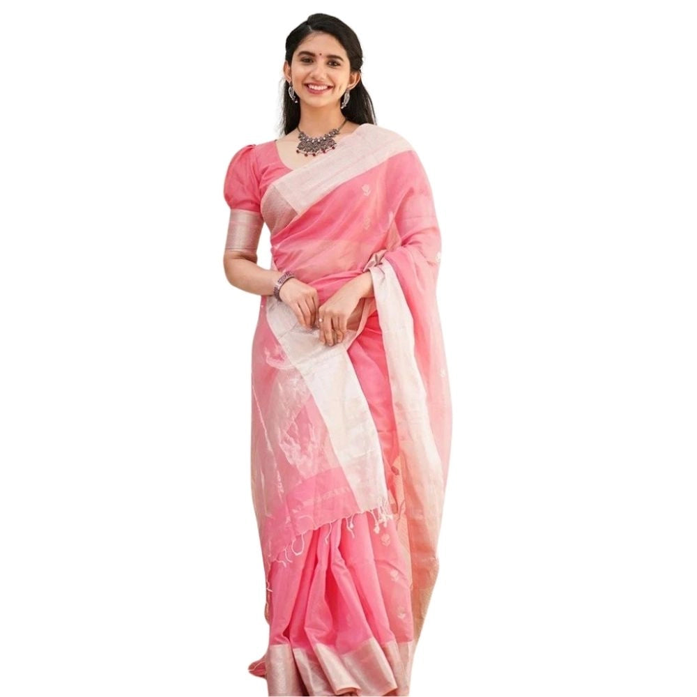 Generic Women's Cotton  Printed Saree With Unstitched Blouse 5.5Mtr (Pink) Main image