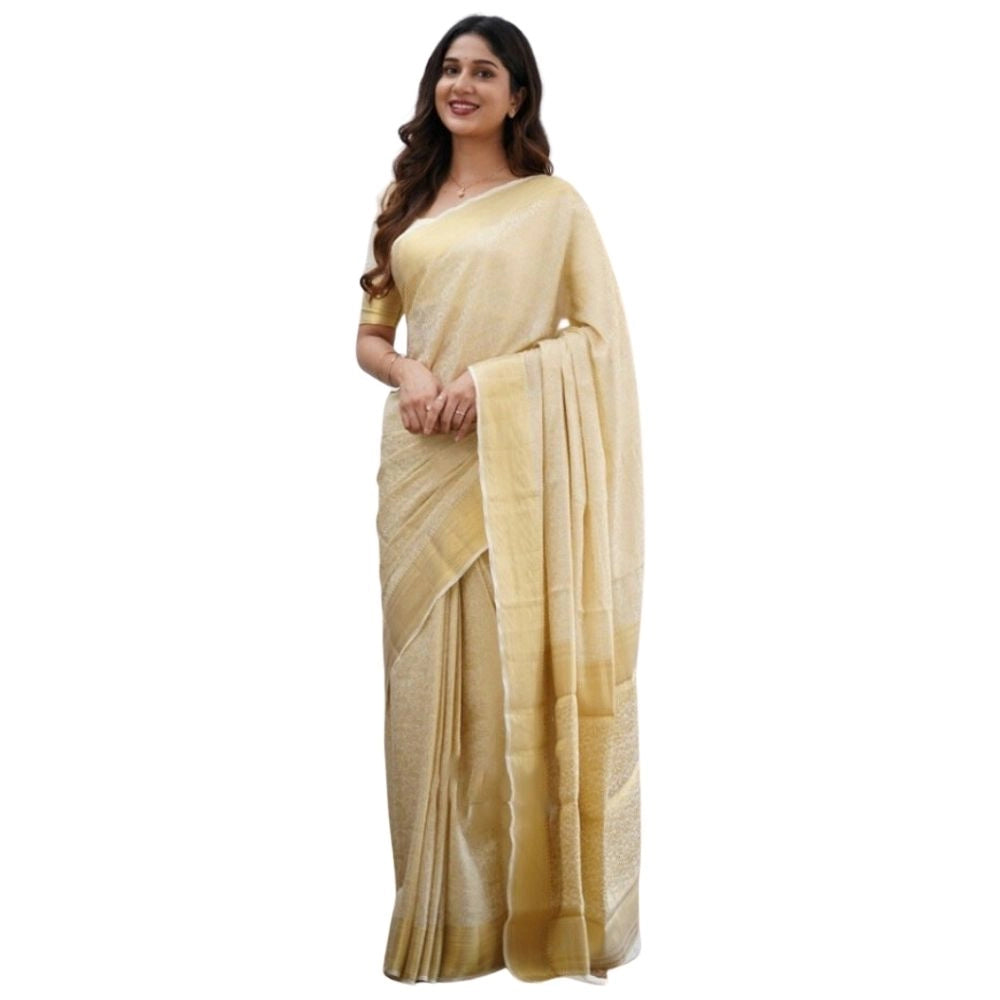 Generic Women's Silk Printed Saree With Unstitched Blouse 5.5Mtr (Cream) Main image