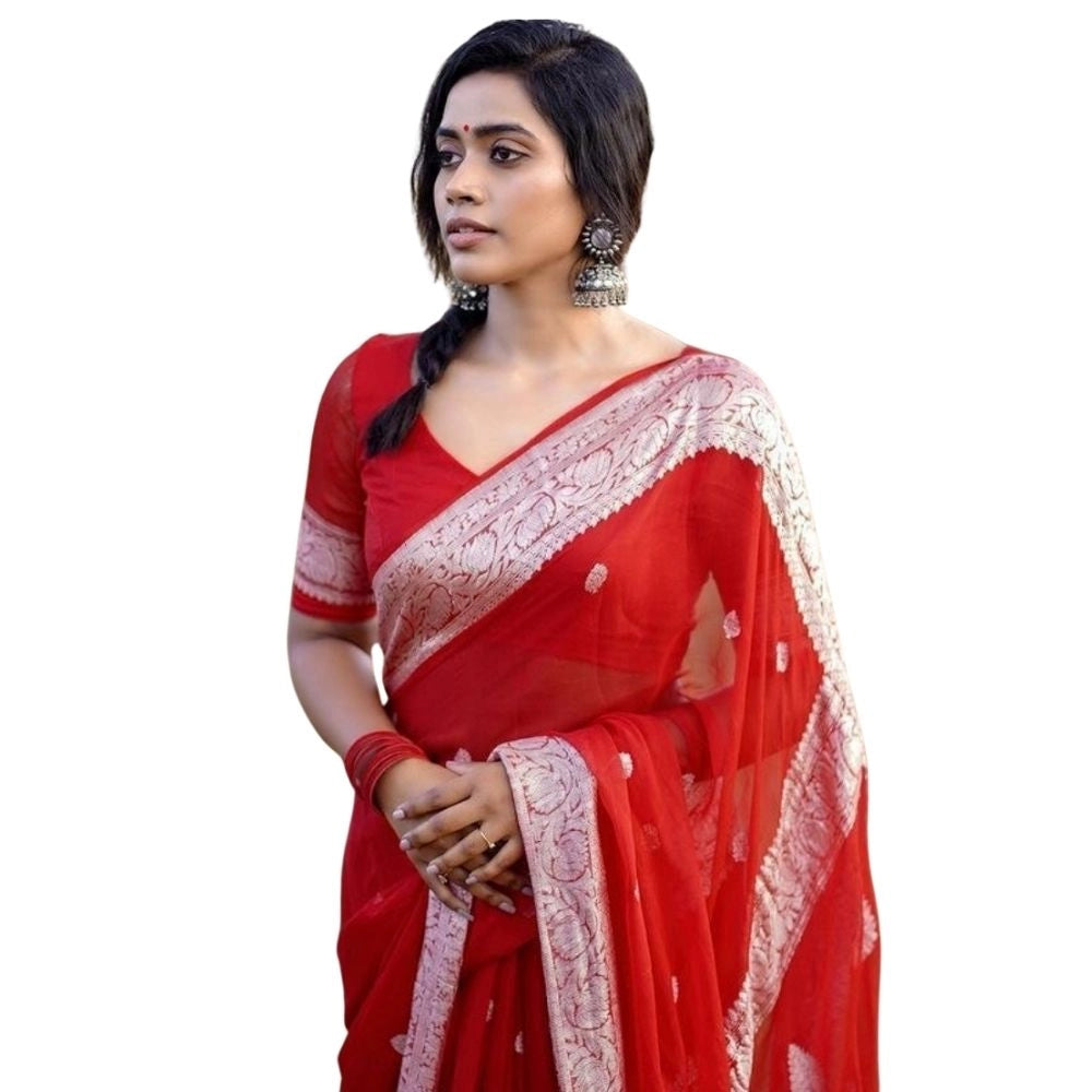 Generic Women's Cotton  Printed Saree With Unstitched Blouse 5.5Mtr (Red) Main image
