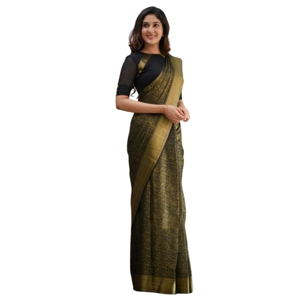 Generic Women's Silk Printed Saree With Unstitched Blouse 5.5Mtr (Black) Main image