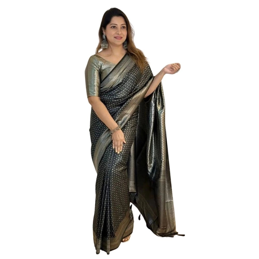 Generic Women's Silk Printed Saree With Unstitched Blouse 5.5Mtr (Black) Main image