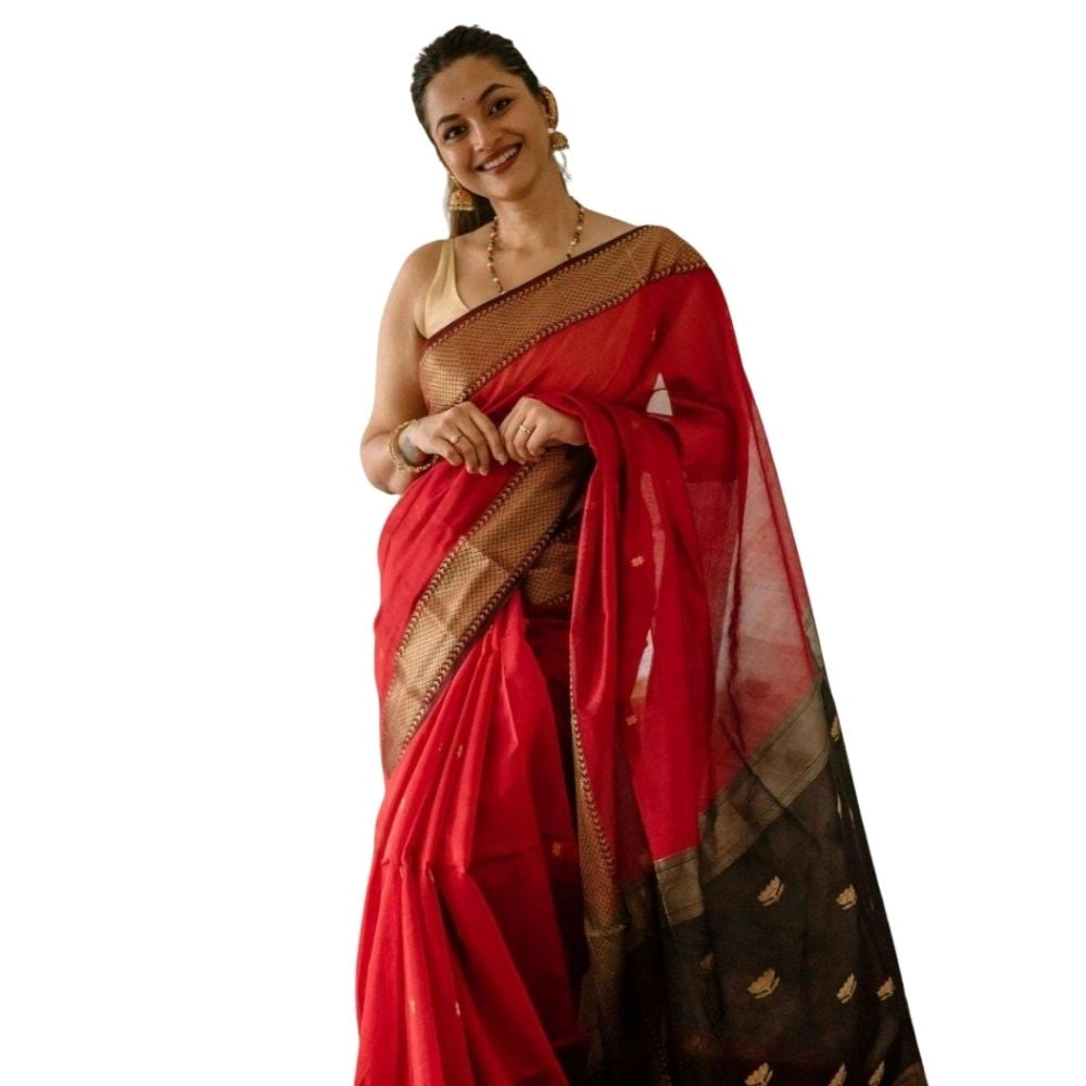 Generic Women's Cotton  Printed Saree With Unstitched Blouse 5.5Mtr (Red) Main image