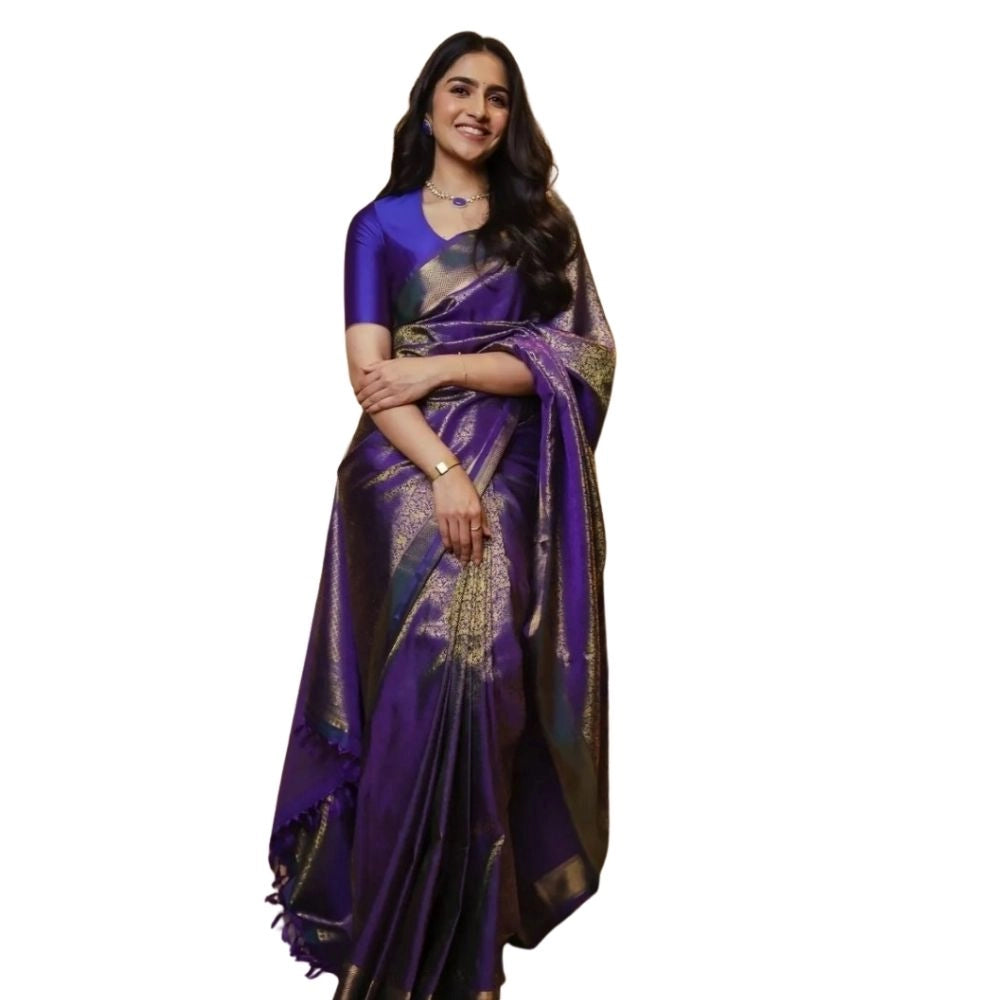 Generic Women's Silk Printed Saree With Unstitched Blouse 5.5Mtr (Purple) Main image