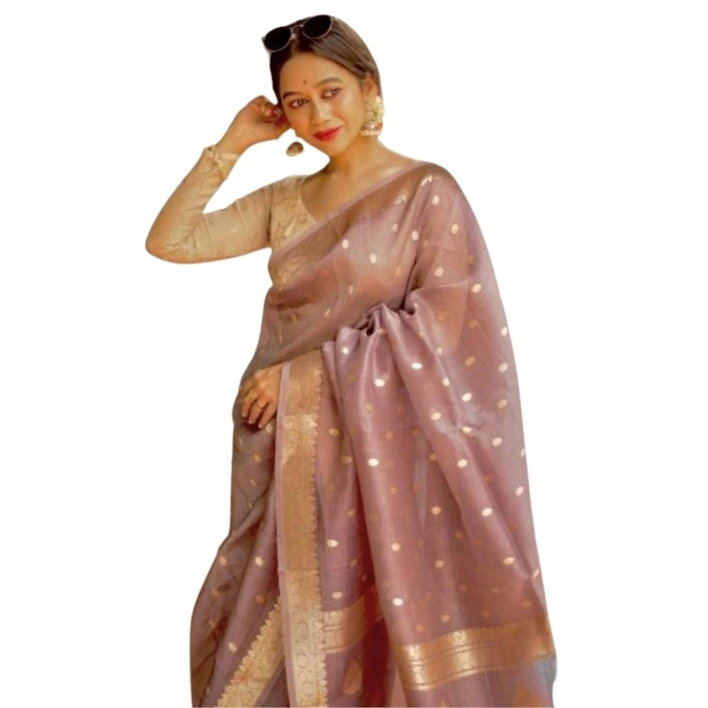 Generic Women's Cotton  Printed Saree With Unstitched Blouse 5.5Mtr (Rose Gold) Main image
