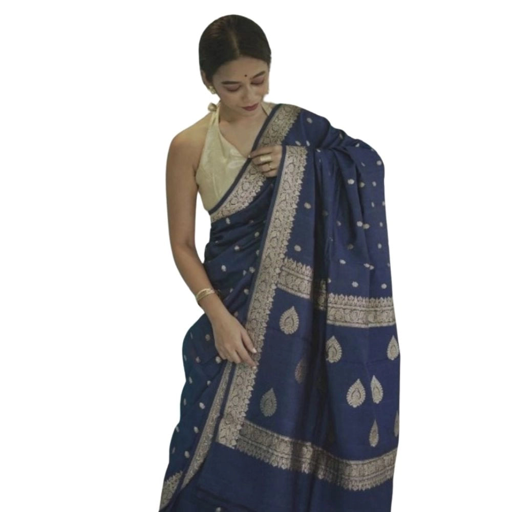 Generic Women's Cotton  Printed Saree With Unstitched Blouse 5.5Mtr (Navy Blue) Main image