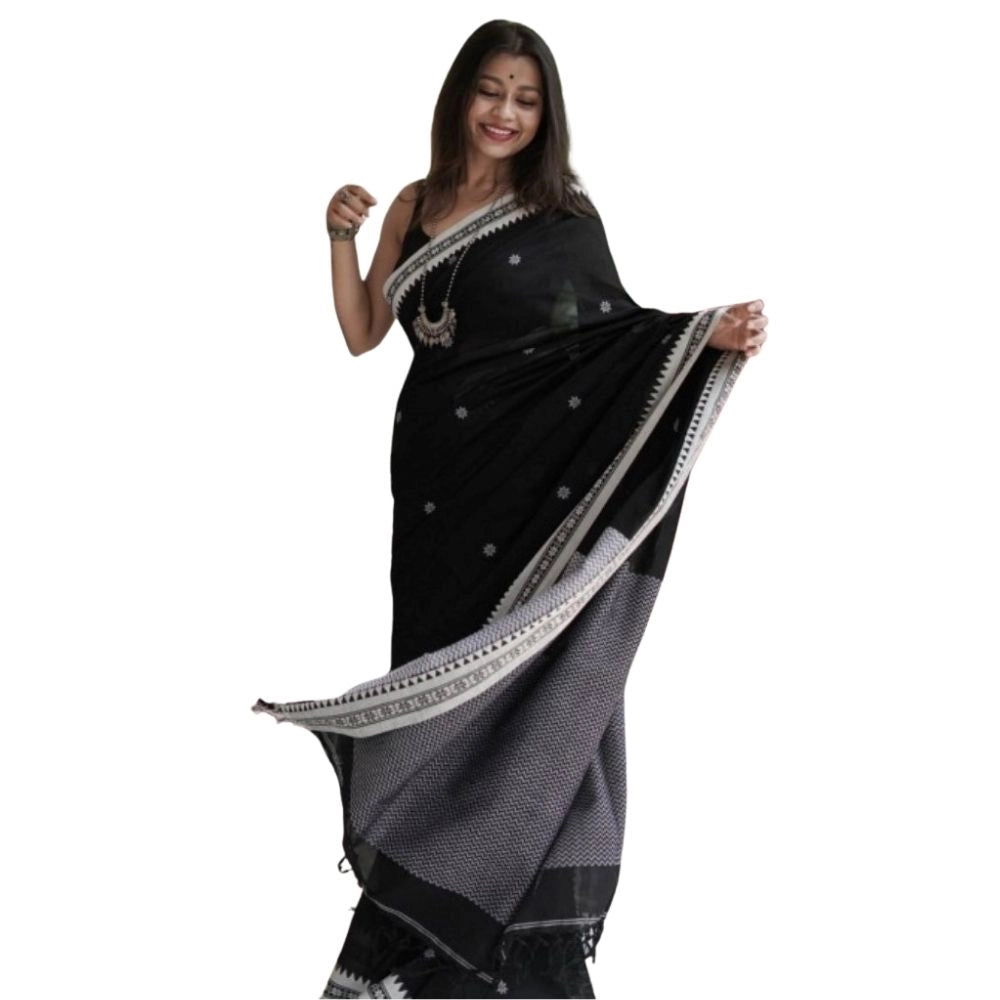 Generic Women's Cotton  Printed Saree With Unstitched Blouse 5.5Mtr (Black) Main image