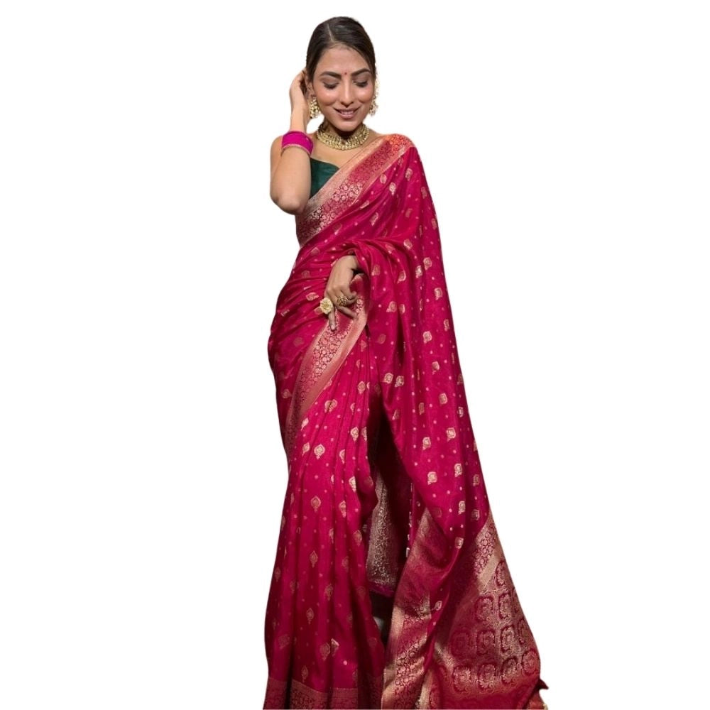 Generic Women's Silk Printed Saree With Unstitched Blouse 5.5Mtr (Rani Pink) Main image