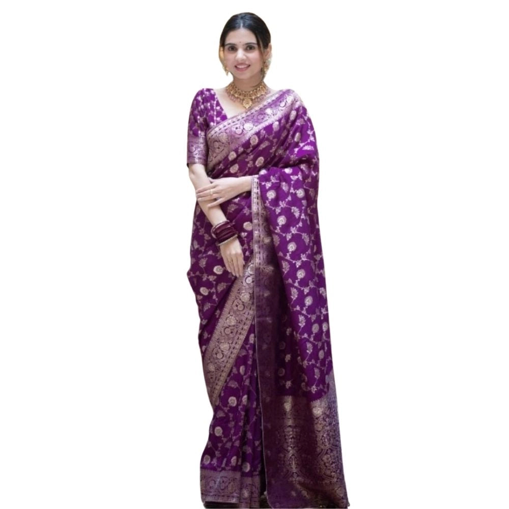 Generic Women's Silk Printed Saree With Unstitched Blouse 5.5Mtr (Purple) Main image