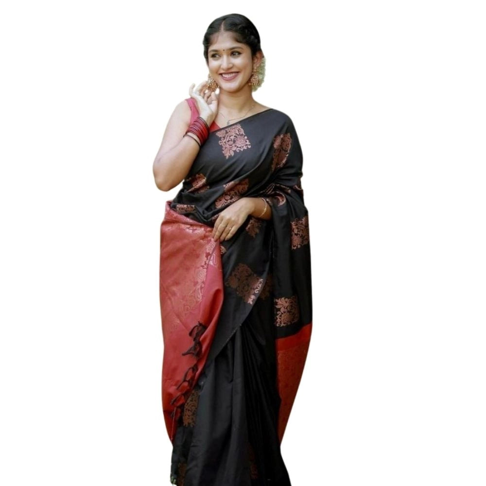 Generic Women's Silk Printed Saree With Unstitched Blouse 5.5Mtr (Black-Red) Main image