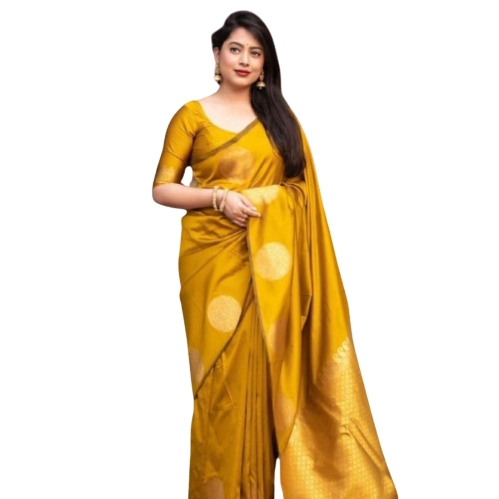 Generic Women's Silk Printed Saree With Unstitched Blouse 5.5Mtr (Yellow) Main image