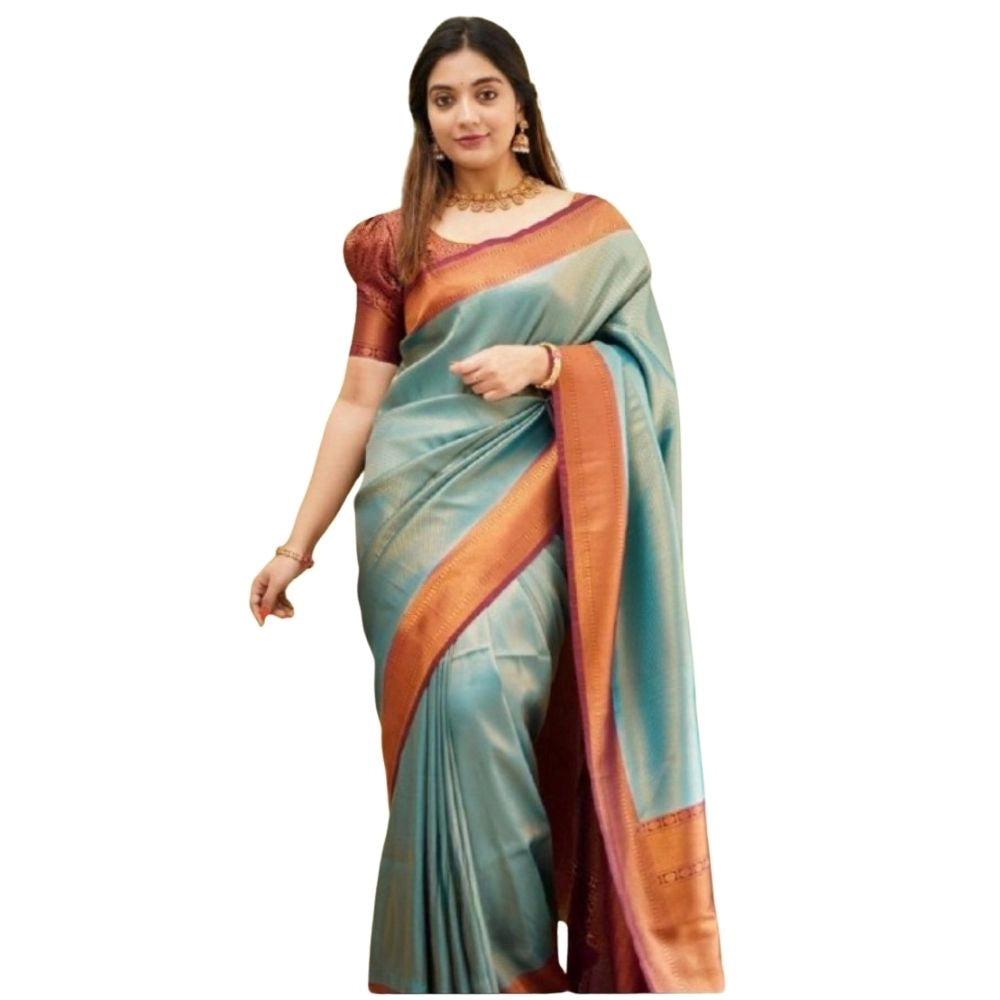 Generic Women's Silk Printed Saree With Unstitched Blouse 5.5Mtr (Rama) Main image