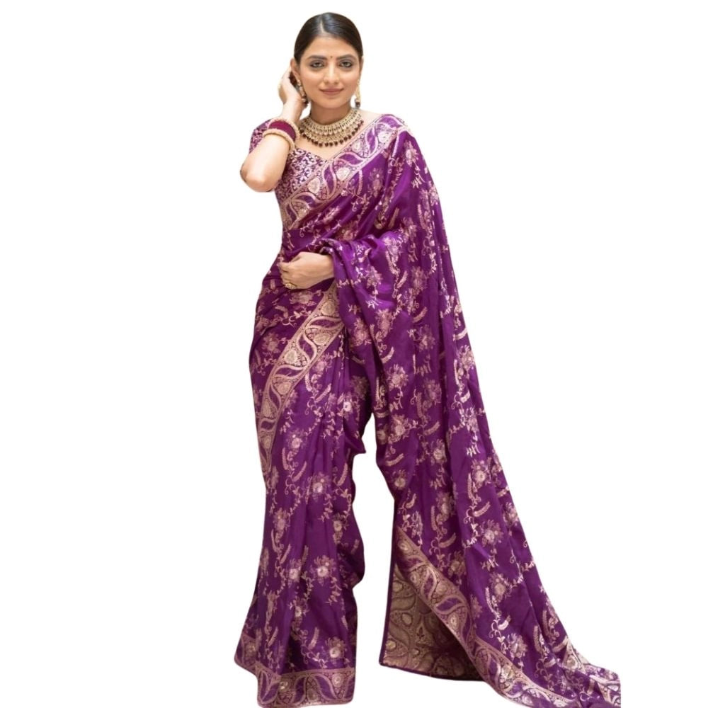 Generic Women's Silk Printed Saree With Unstitched Blouse 5.5Mtr (Purple) Main image