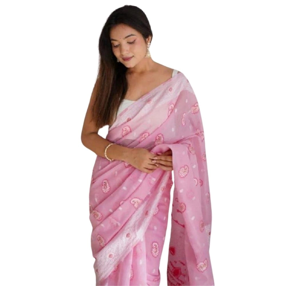 Generic Women's Cotton  Printed Saree With Unstitched Blouse 5.5Mtr (Pink) Main image