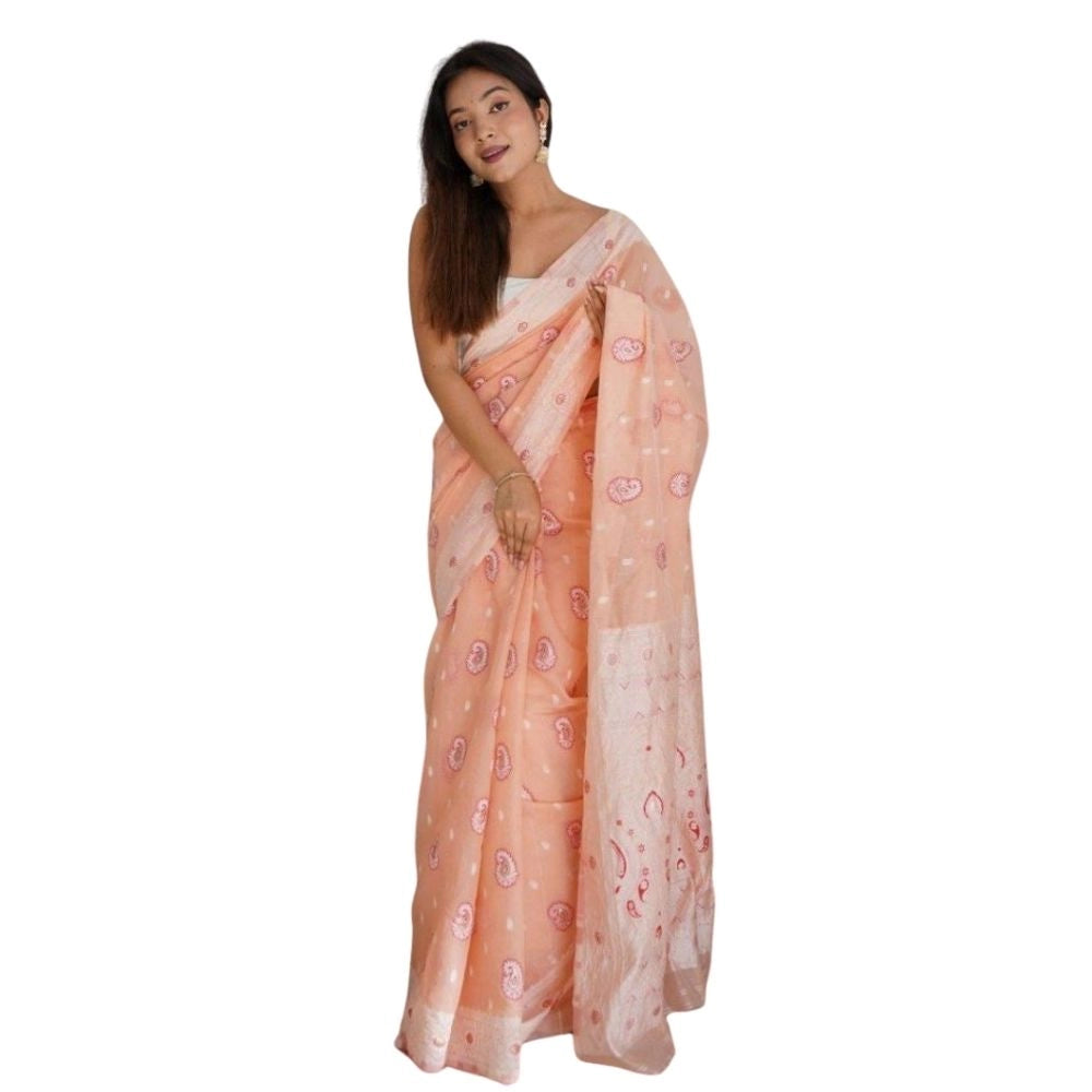 Generic Women's Cotton  Printed Saree With Unstitched Blouse 5.5Mtr (Peach) Main image