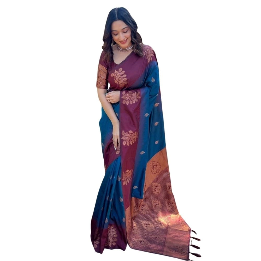 Generic Women's Silk Printed Saree With Unstitched Blouse 5.5Mtr (Blue) Main image