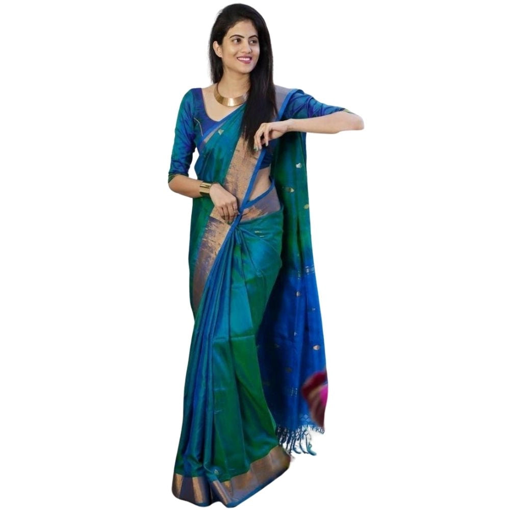 Generic Women's Silk Printed Saree With Unstitched Blouse 5.5Mtr (Blue) Main image