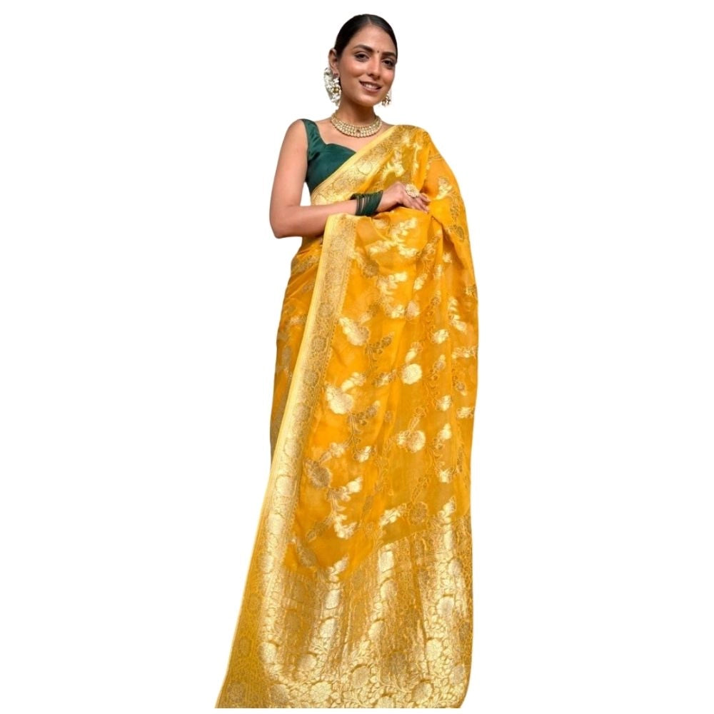 Generic Women's Silk Printed Saree With Unstitched Blouse 5.5Mtr (Gold Yellow) Main image