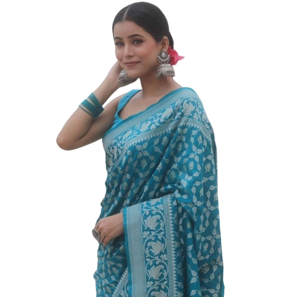 Generic Women's Silk Printed Saree With Unstitched Blouse 5.5Mtr (Sky Blue) Main image
