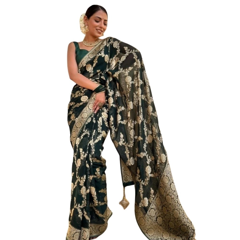 Generic Women's Silk Printed Saree With Unstitched Blouse 5.5Mtr (Dark Green) Main image