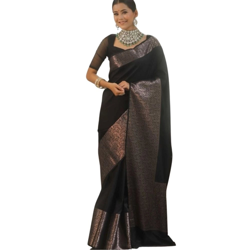 Generic Women's Silk Printed Saree With Unstitched Blouse 5.5Mtr (Black) Main image