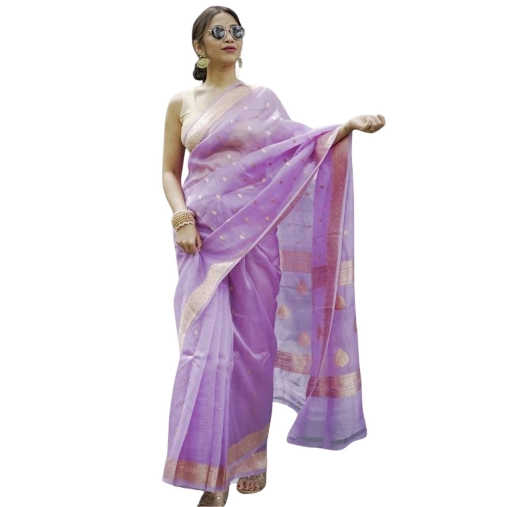 Generic Women's Cotton  Printed Saree With Unstitched Blouse 5.5Mtr (Lavender) Main image