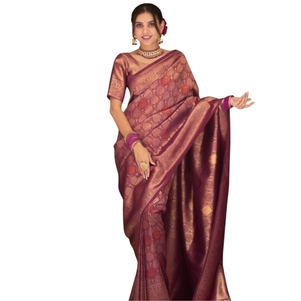 Generic Women's Silk Printed Saree With Unstitched Blouse 5.5Mtr (Wine) Main image
