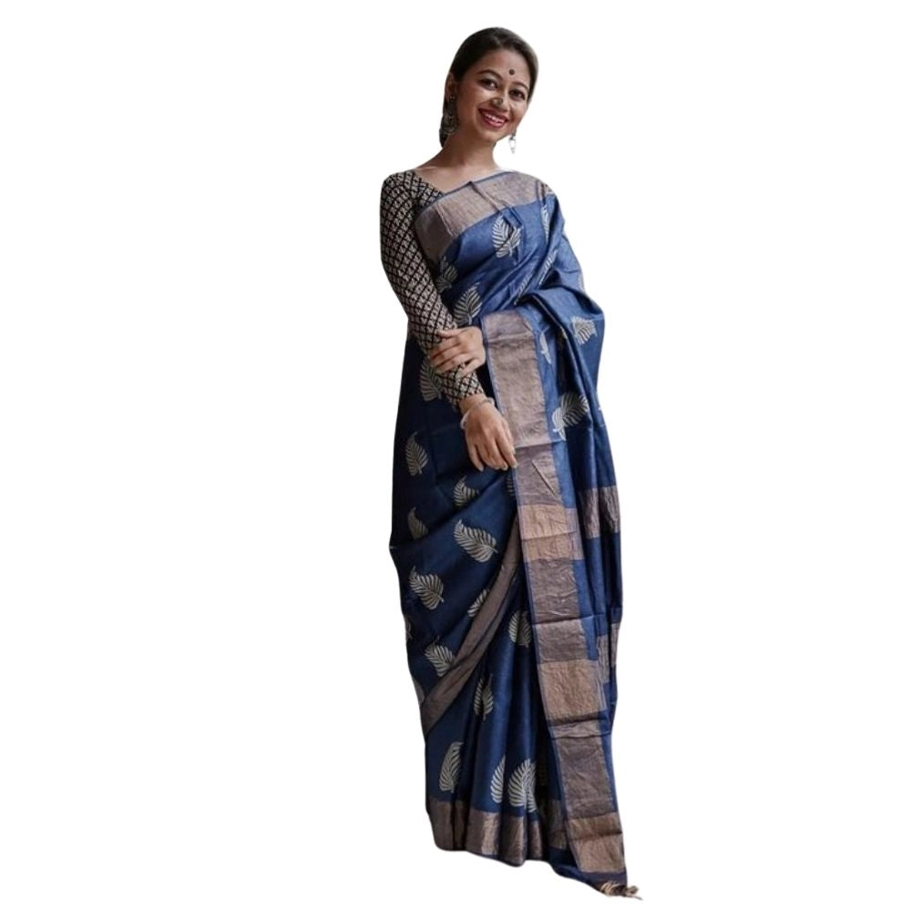 Generic Women's Silk Printed Saree With Unstitched Blouse 5.5Mtr (Navy Blue) Main image
