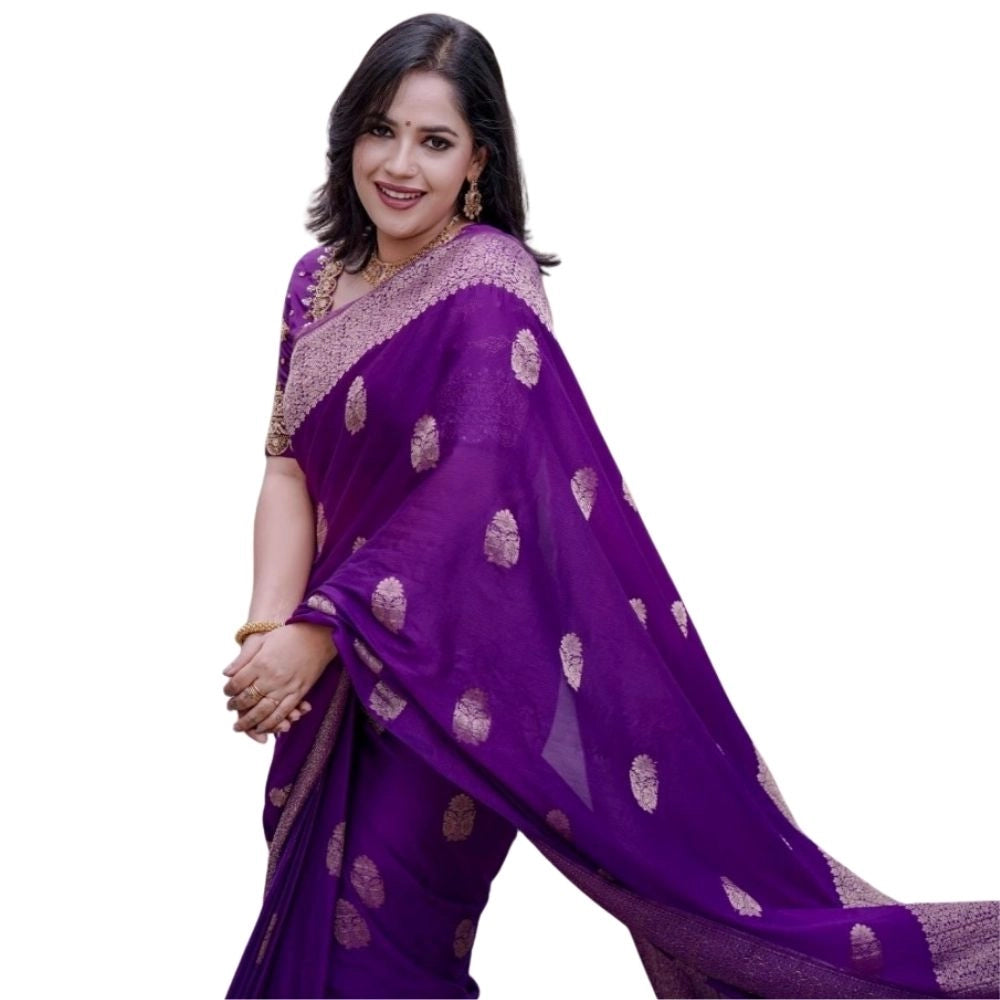 Generic Women's Silk Printed Saree With Unstitched Blouse 5.5Mtr (Purple) Main image