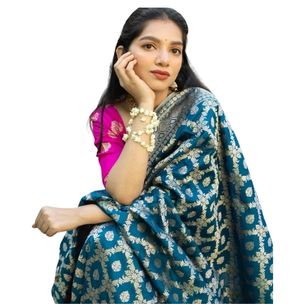 Generic Women's Silk Printed Saree With Unstitched Blouse 5.5Mtr (Sky Blue) Main image