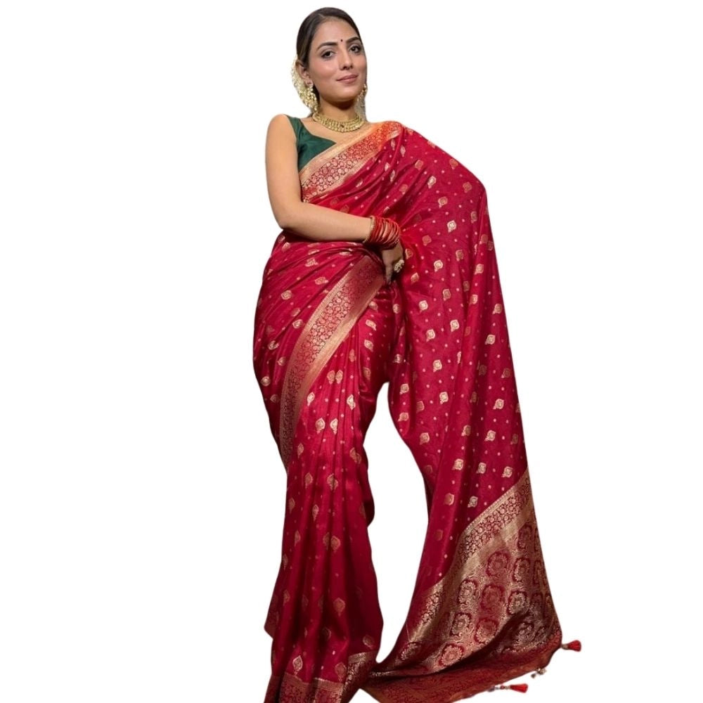 Generic Women's Silk Printed Saree With Unstitched Blouse 5.5Mtr (Red) Main image