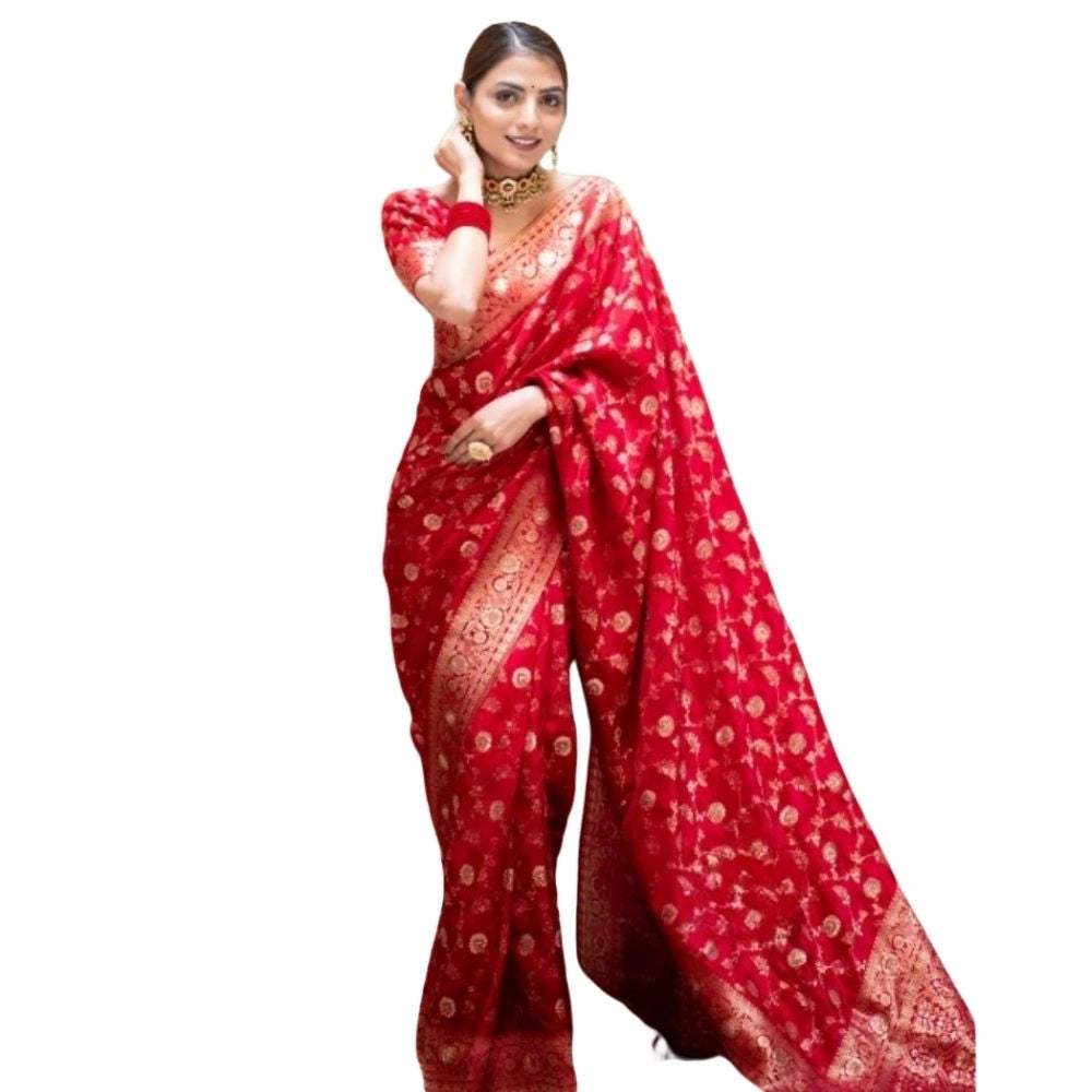 Generic Women's Silk Printed Saree With Unstitched Blouse 5.5Mtr (Red) Main image