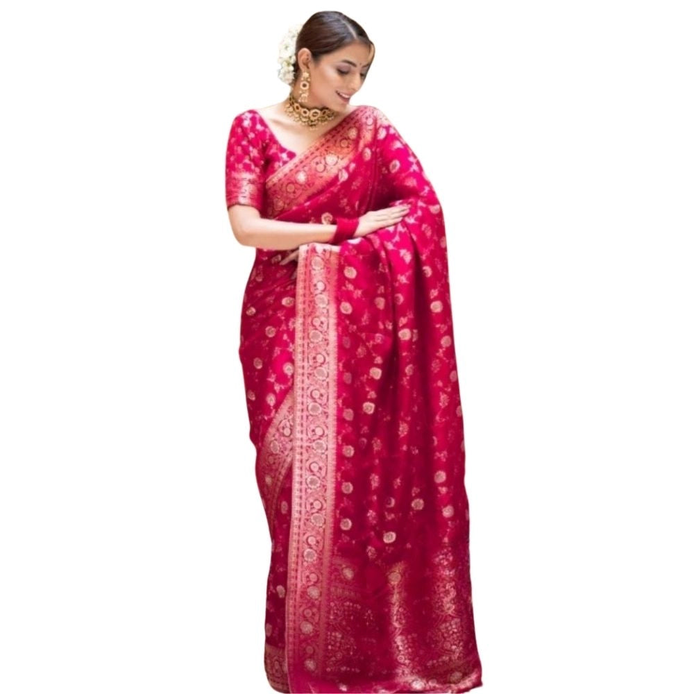 Generic Women's Silk Printed Saree With Unstitched Blouse 5.5Mtr (Rani Pink) Main image