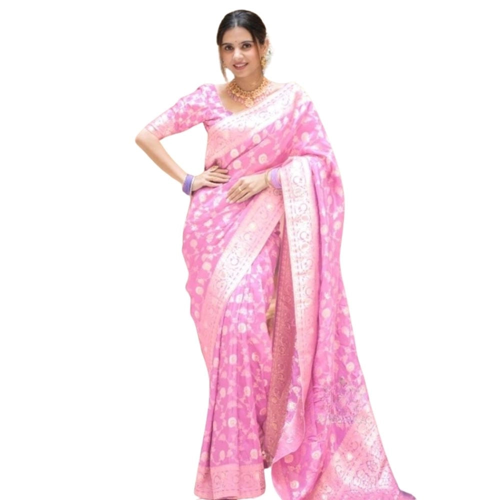 Generic Women's Silk Printed Saree With Unstitched Blouse 5.5Mtr (Pink) Main image